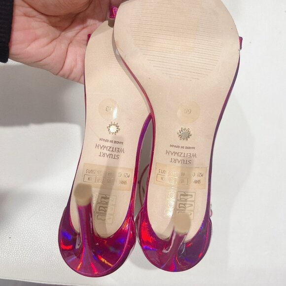 Stuart Weitzman Nudistcurve 100 Strap Sandal Iridescent Patent Orchid Pink US 6 - Picture 10 of 11